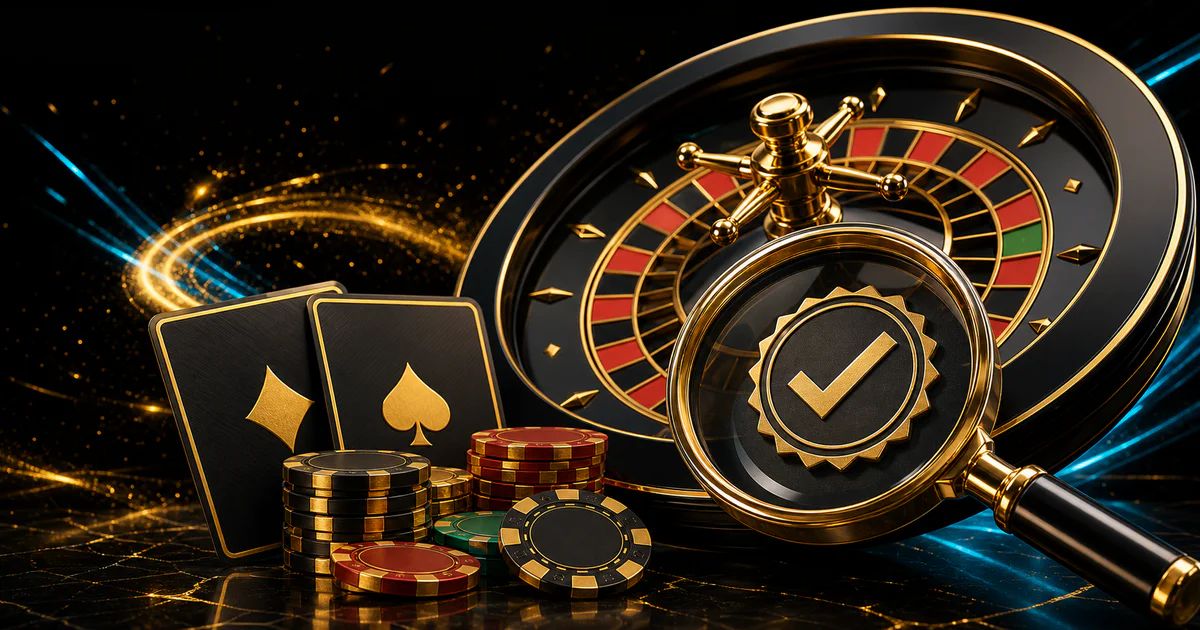 Bright casino review desk with roulette, chips and a verification checklist